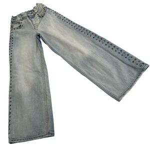 Zara Girls Mid-Rise Studded Wide Leg Denim Baggy Stretch Jeans Light Wash Size 9